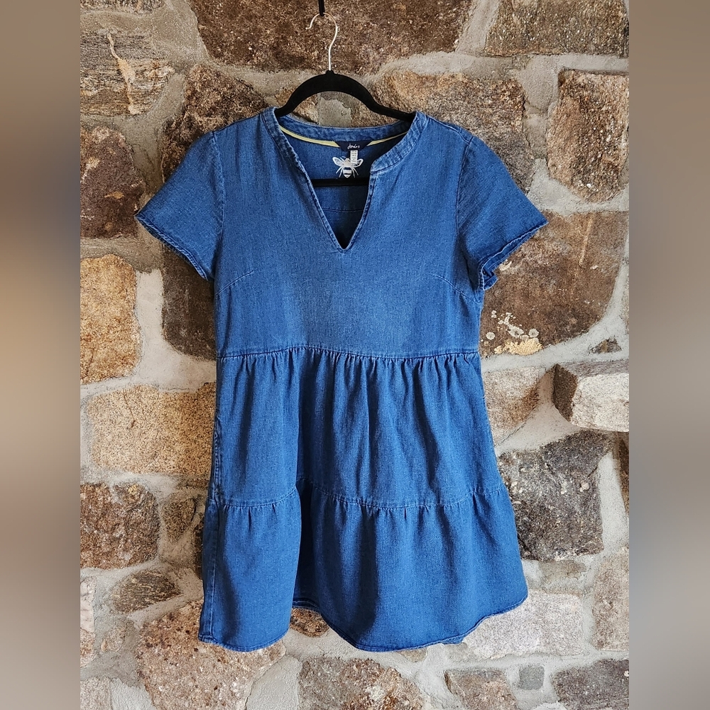 Joules Womens Tiered Dress 6 Blue Chambray Denim Ruffle Casual Coastal Pockets